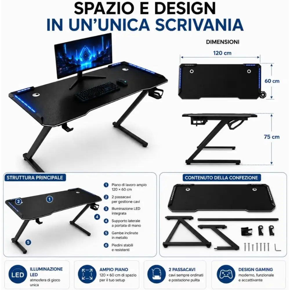 Scrivania Gaming 120x60 cm con LED RGB Tavolo PC Effetto Fibra di Carbonio con Porta Cuffie e Porta Bicchiere