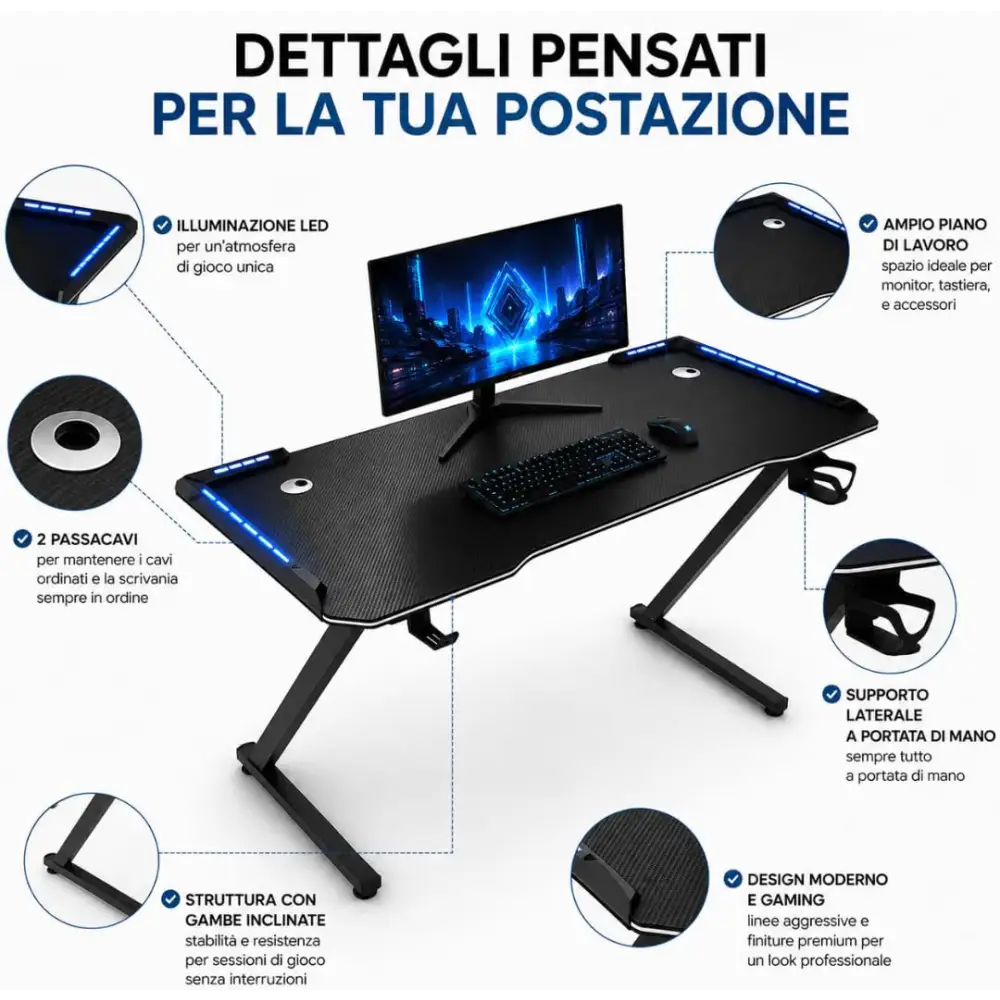 Scrivania Gaming 120x60 cm con LED RGB Tavolo PC Effetto Fibra di Carbonio con Porta Cuffie e Porta Bicchiere