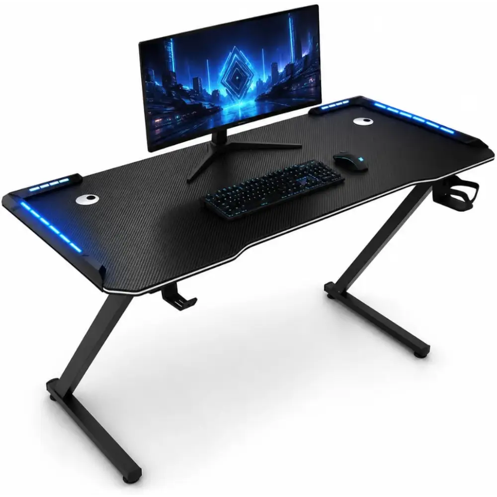 Scrivania Gaming 120x60 cm con LED RGB Tavolo PC Effetto Fibra di Carbonio con Porta Cuffie e Porta Bicchiere