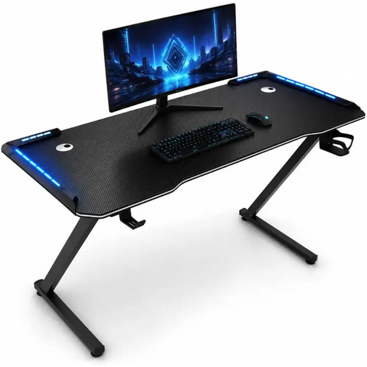 Scrivania Gaming 120x60 cm con LED RGB Tavolo PC Effetto Fibra di Carbonio con Porta Cuffie e Porta Bicchiere