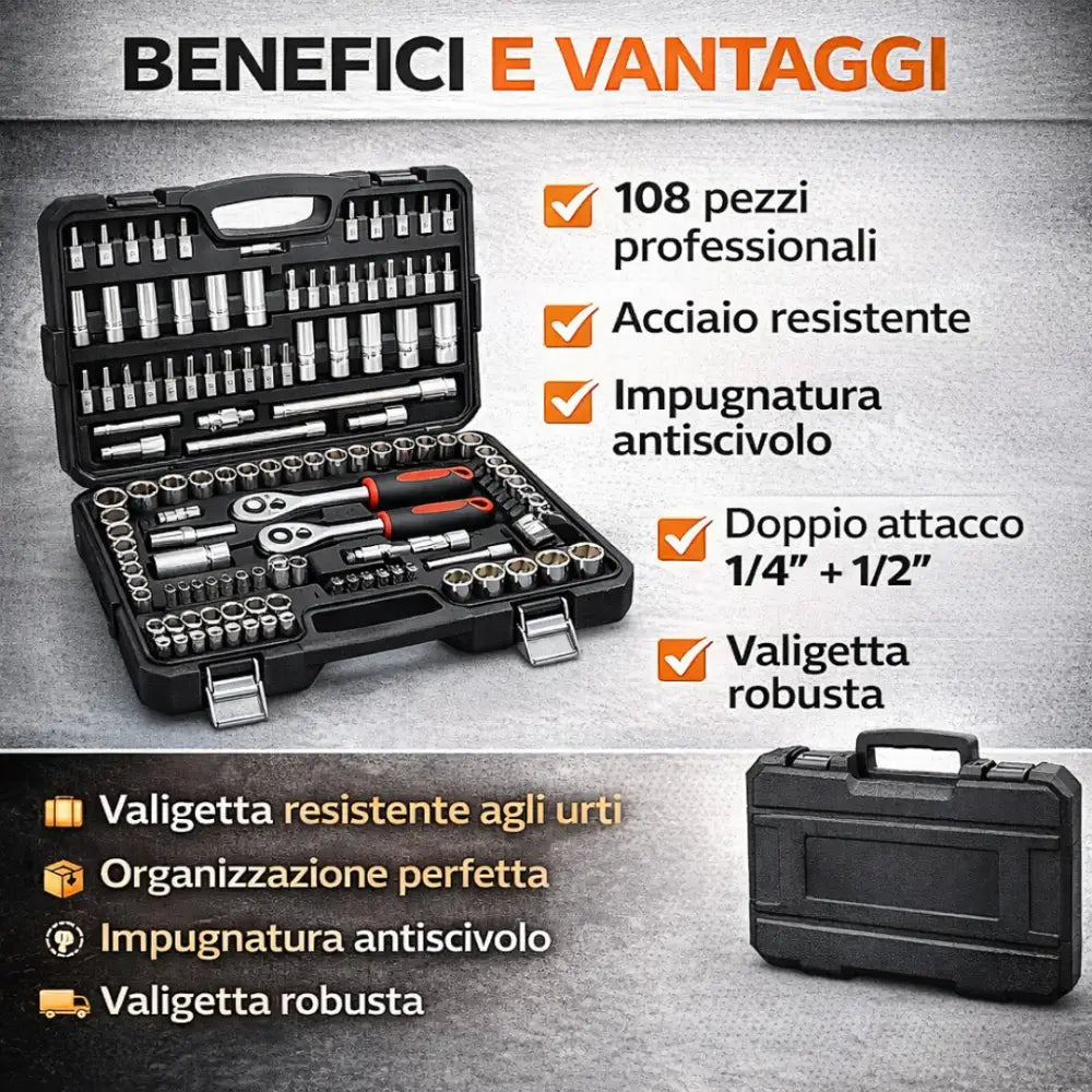 Set Chiavi a Bussola con Cricchetto Professionale 108 Pezzi 1/4” + 1/2” con Valigetta Portatile. - set chiavi a bussola
