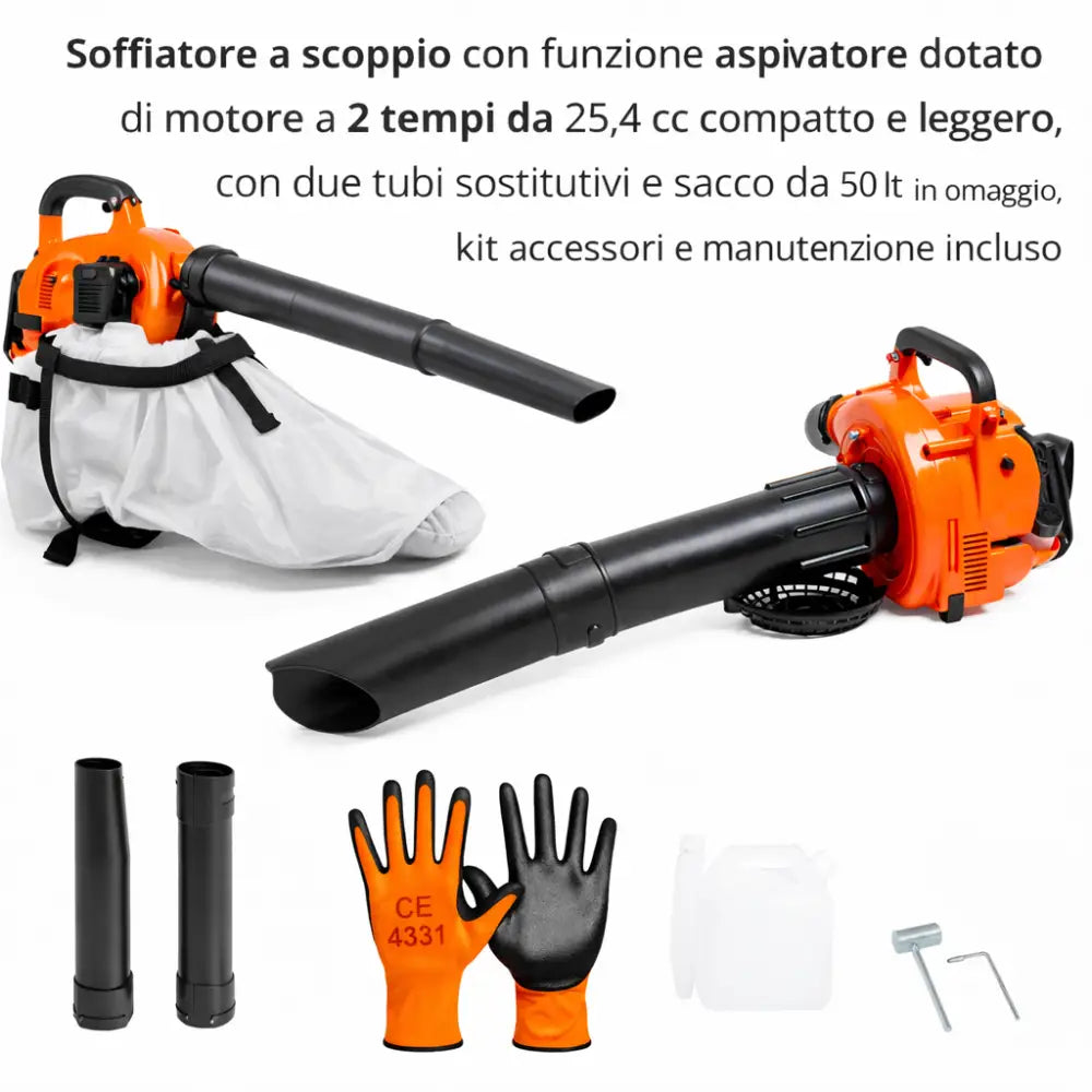 Soffiatore a Scoppio Aspiratore 2 Tempi 25,4 cc – Compatto e Leggero. - Soffiatore Aspiratore a Scoppio