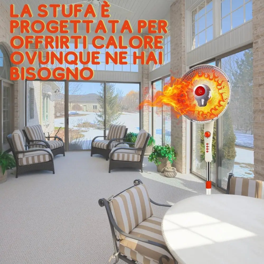 Stufa A Carbonio Piantana Oscillante – 500W/1000W, Ventilatore, Timer 60 Min, Altezza Regolabile