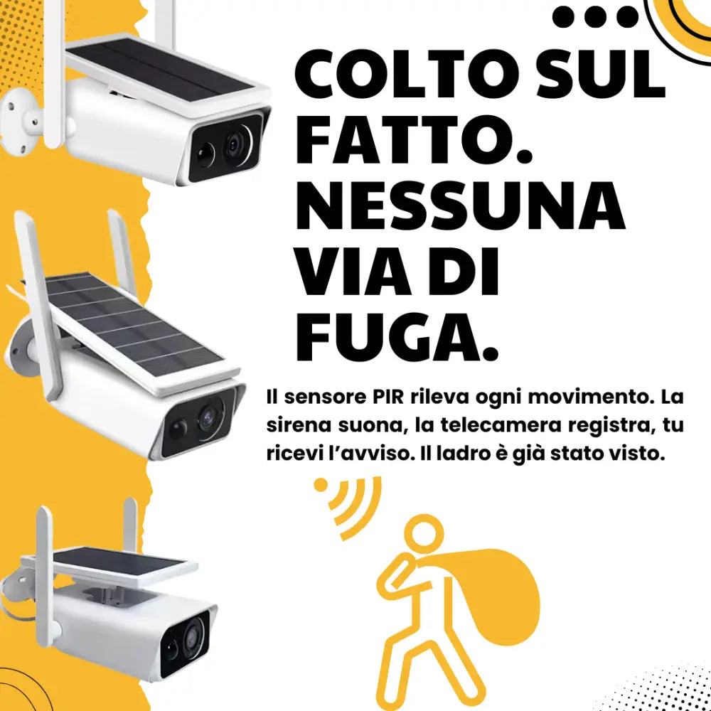 Telecamera WiFi Esterno con Pannello Solare 2MPX Visione Notturna Infrarossi Rilevamento Movimento Audio Bidirezionale