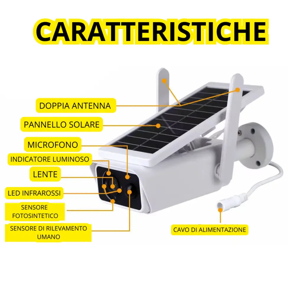Telecamera WiFi Esterno con Pannello Solare 2MPX Visione Notturna Infrarossi Rilevamento Movimento Audio Bidirezionale