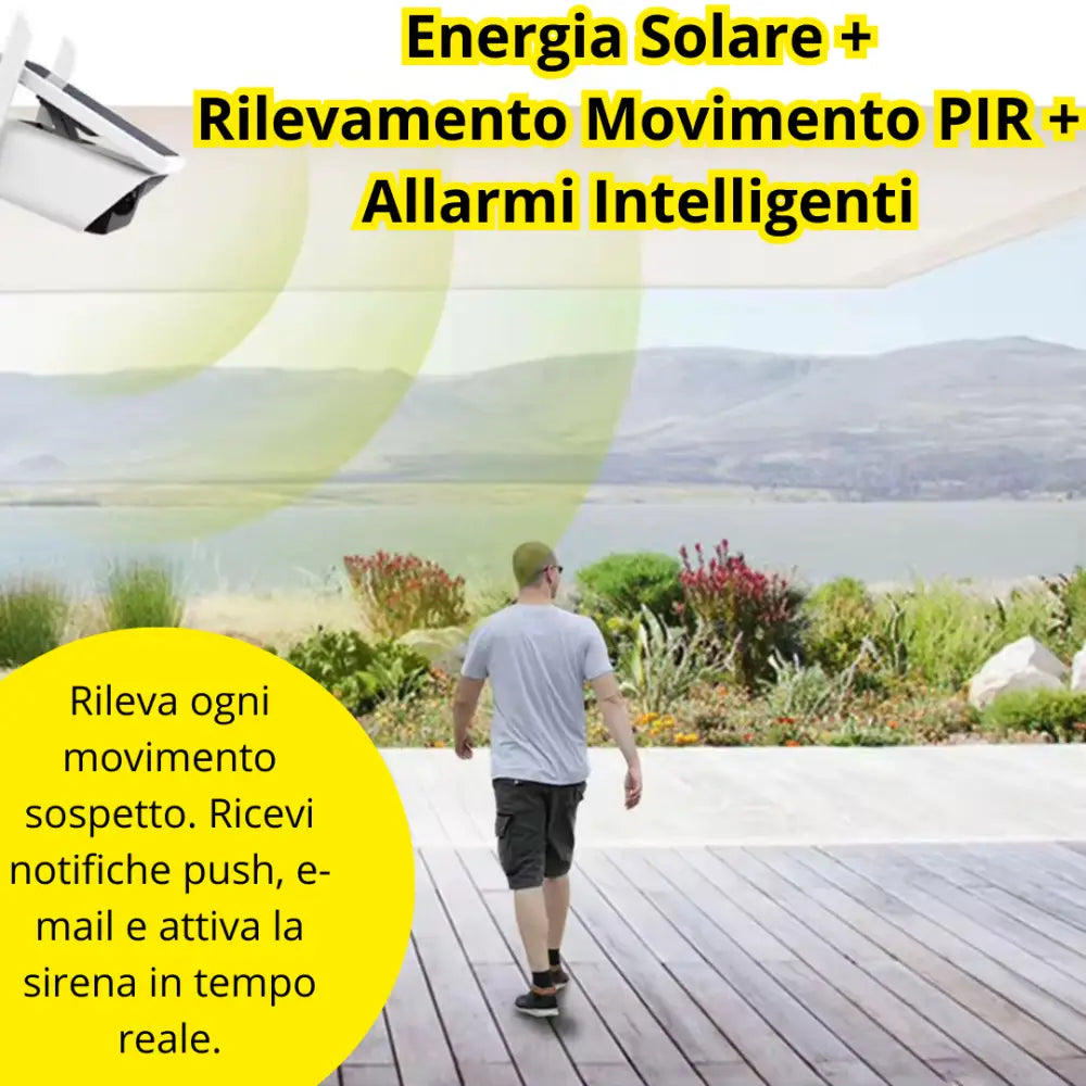 Telecamera WiFi Esterno con Pannello Solare 2MPX Visione Notturna Infrarossi Rilevamento Movimento Audio Bidirezionale