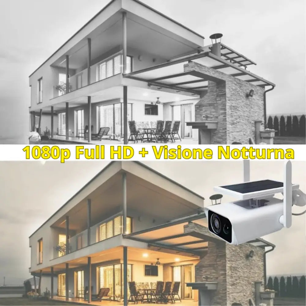 Telecamera WiFi Esterno con Pannello Solare 2MPX Visione Notturna Infrarossi Rilevamento Movimento Audio Bidirezionale