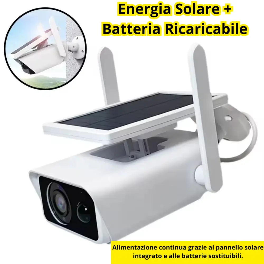 Telecamera WiFi Esterno con Pannello Solare 2MPX Visione Notturna Infrarossi Rilevamento Movimento Audio Bidirezionale