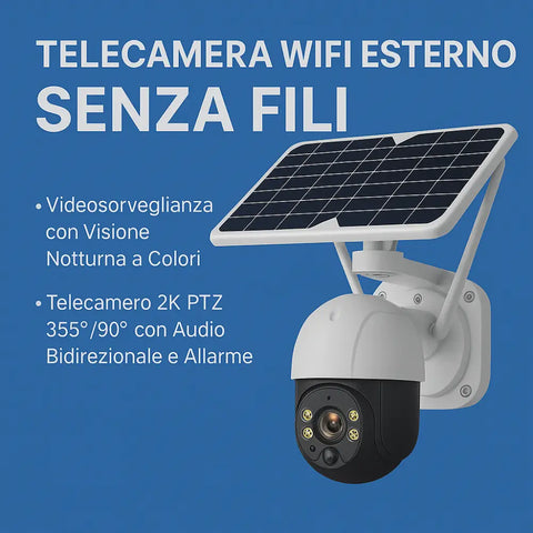 Telecamera Wifi Esterno Senza Fili con Pannello Solare Videosorveglianza con Visione Notturna a Colori Telecamera 2K