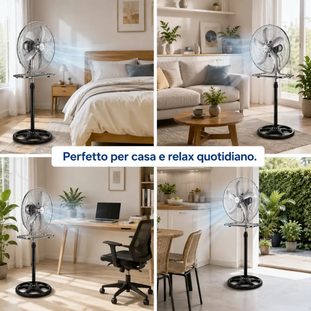 Ventilatore 3 in 1 da Terra e Tavolo Cromato Oscillazione Automatica Altezza Regolabile Potente e Silenzioso.