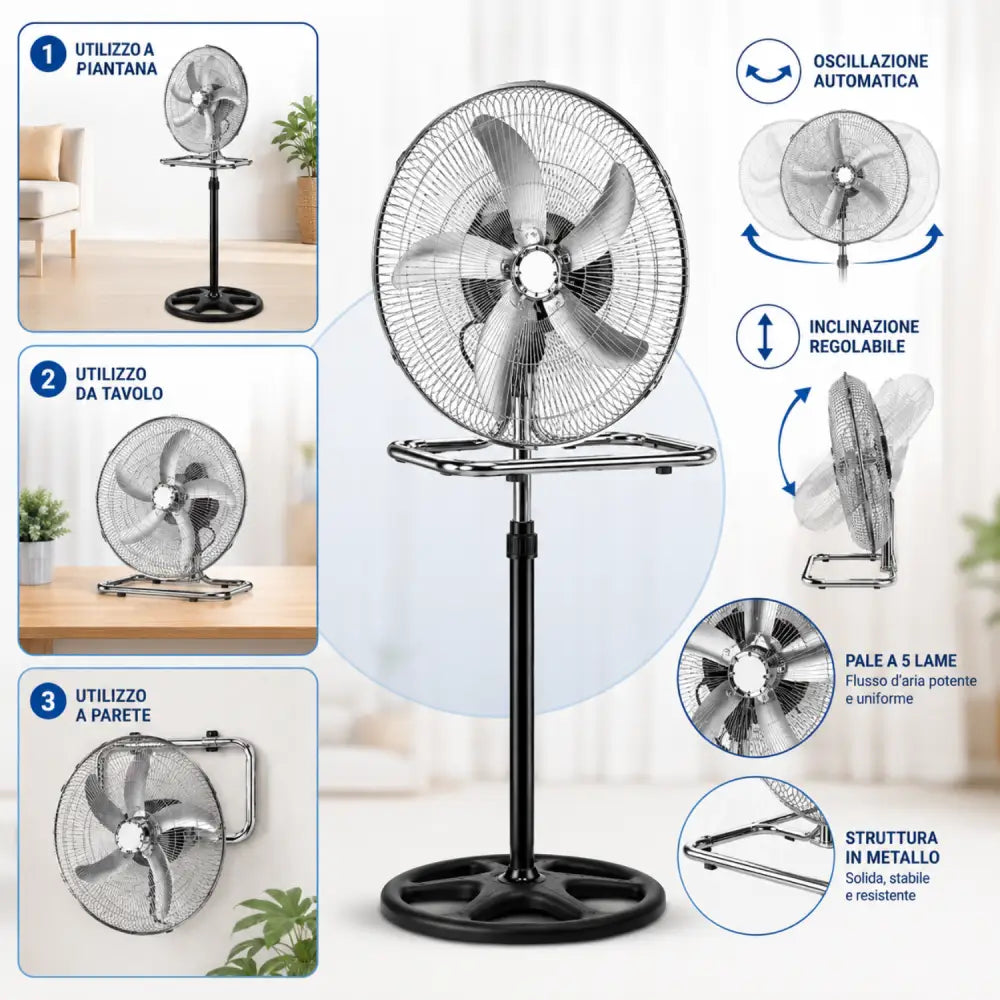 Ventilatore 3 in 1 da Terra e Tavolo Cromato Oscillazione Automatica Altezza Regolabile Potente e Silenzioso.