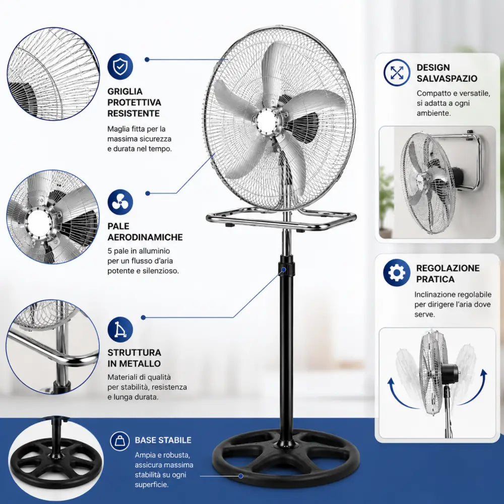 Ventilatore 3 in 1 da Terra e Tavolo Cromato Oscillazione Automatica Altezza Regolabile Potente e Silenzioso.